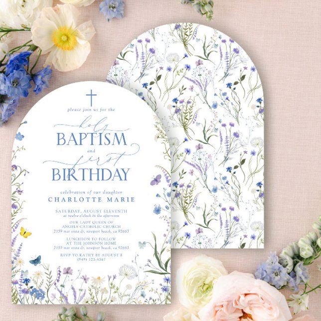 Invitación Elegante bautismo sagrado y flores azules de prime (Subido por el creador)