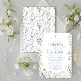 Invitación Elegante bautismo sagrado y flores azules de prime