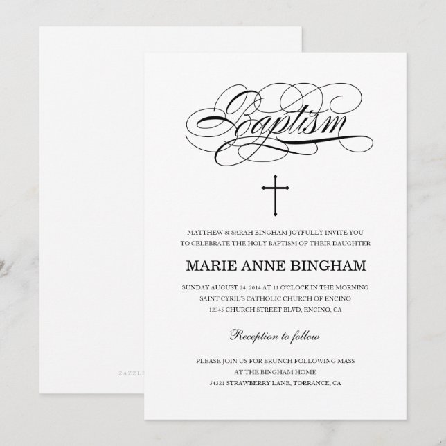 Invitación Elegante bautismo santo blanco y negro (Anverso / Reverso)