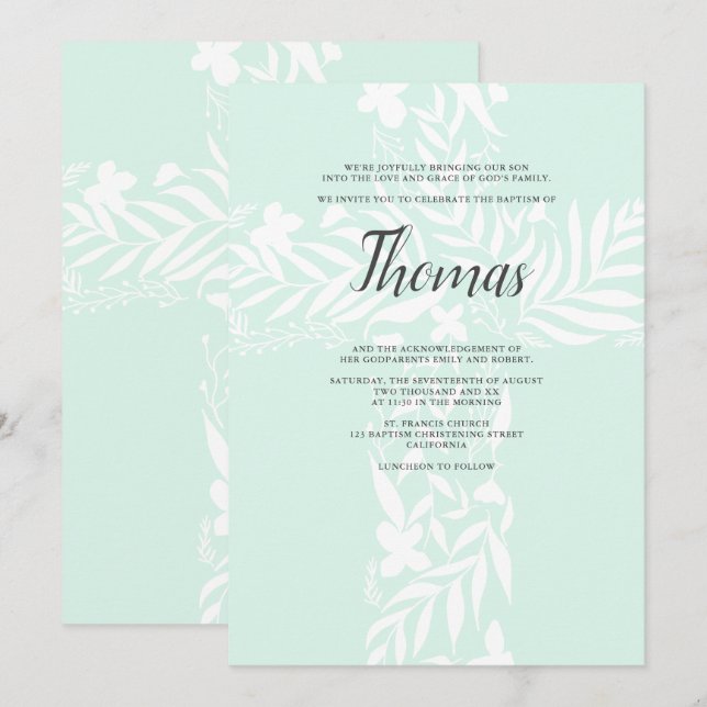 Invitación Elegante bautismo verde de mentalidad cristiana fl (Anverso / Reverso)