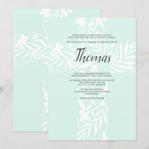 Invitación Elegante bautismo verde floral cristiano cruzado
