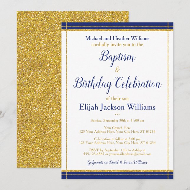 Invitación Elegante bautismo y celebración de cumpleaños (Anverso / Reverso)