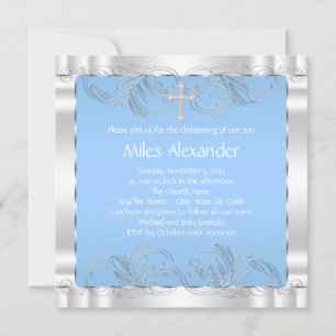 Invitación Elegante Bautizo Azul y Blanco