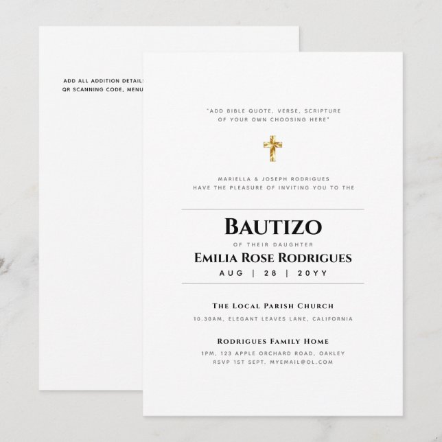 Invitación Elegante BAUTIZO Bautismo Baptismo Moderno -ADD VE (Anverso / Reverso)