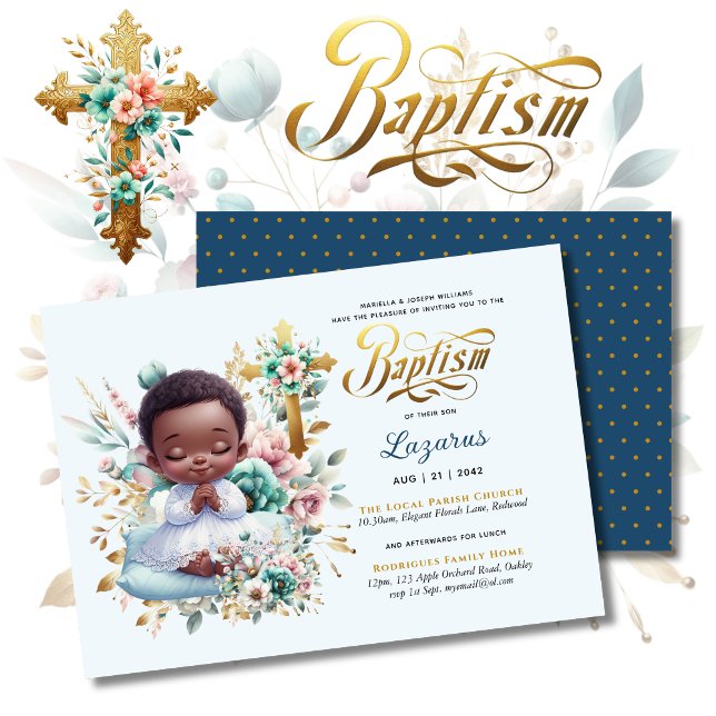 Invitación Elegante BAUTIZO Bebé Negro Turquoise Gold Floral (Subido por el creador)