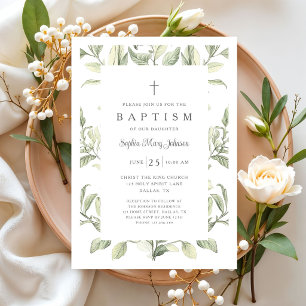 Invitación Elegante Bautizo Botánico Vintage de Niña