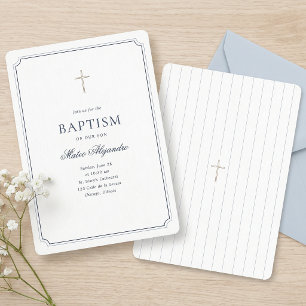 Invitación Elegante Bautizo Clásico Simple Navy 