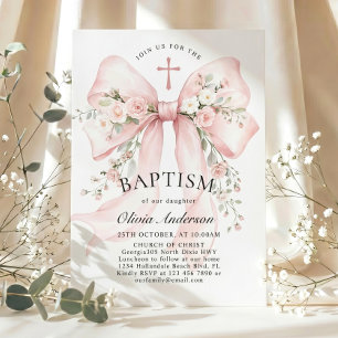 Invitación Elegante bautizo cristiano de niña con lazo floral