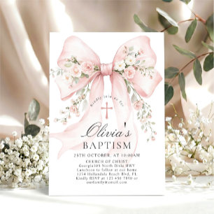 Invitación Elegante bautizo cristiano de niña con lazo floral