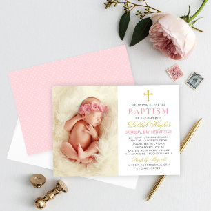 Invitación Elegante Bautizo de Bebé Niña en Rosa y Dorado con