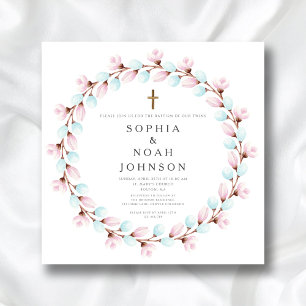 Invitación Elegante Bautizo de Gemelos Cruz Azul Rosa