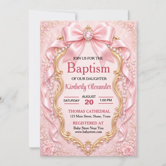 Invitación Elegante Bautizo de Joyas Rosa Suave (Anverso)