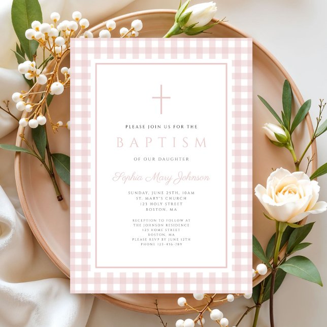 Invitación Elegante Bautizo de Niña con Gingham Rosa (Elegant Blush Pink Gingham Girl Baptism Invitation)