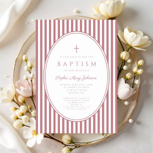 Invitación Elegante Bautizo de Niña con Rosa Polvoriento Raya