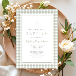 Invitación Elegante bautizo de niña en gingham verde salvia