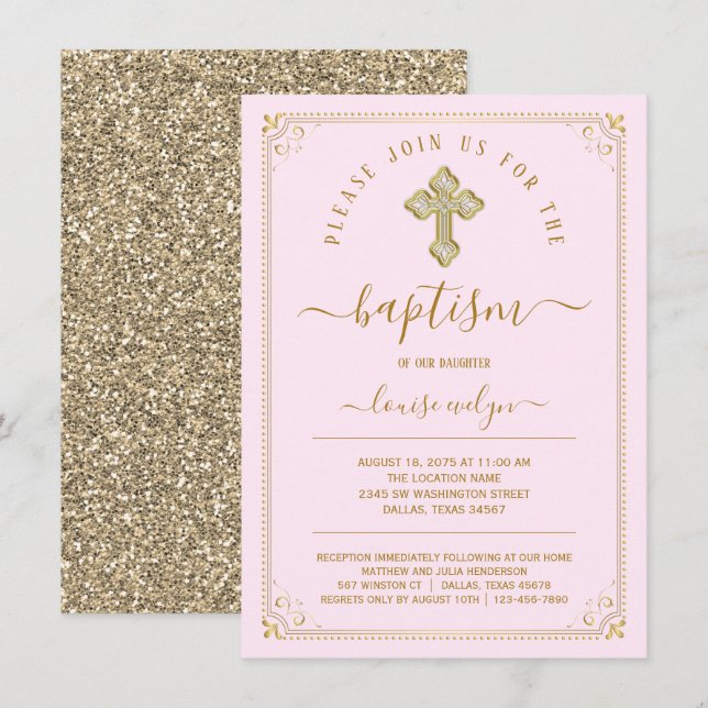 Invitación Elegante Bautizo de Niña en Rosa y Oro (Anverso / Reverso)