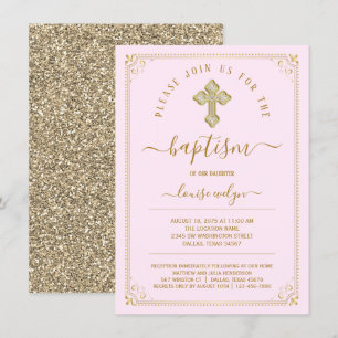 Invitación Elegante Bautizo de Niña en Rosa y Oro
