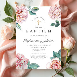 Invitación Elegante Bautizo de Niña Floral Rosa Religioso