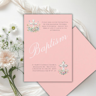 Invitación Elegante Bautizo de Niña Religiosa en Rosa