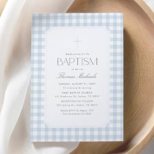 Invitación Elegante Bautizo de Niño con Cuadro de Azul