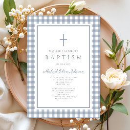 Invitación Elegante bautizo de niño en azul polvoriento a cua