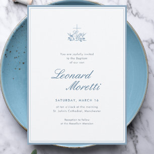 Invitación Elegante bautizo de niño en azul polvoriento Cruz