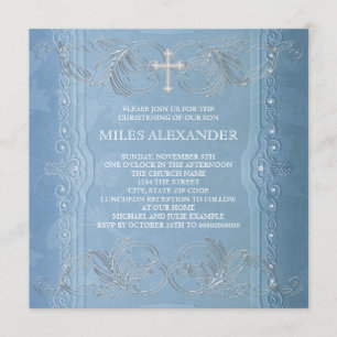 Invitación Elegante Bautizo de Niño en Azul y Blanco