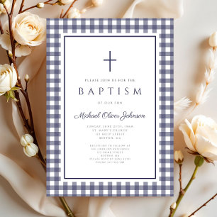 Invitación Elegante Bautizo de Niño en Cuadros Azules