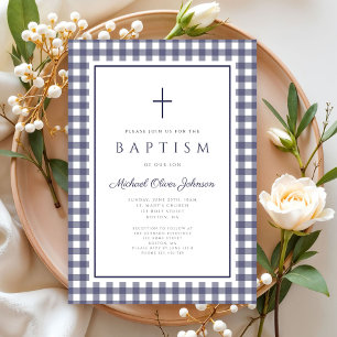 Invitación Elegante Bautizo de Niño en Cuadros Azules