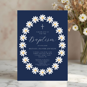 Invitación Elegante Bautizo de Niño Floral Azul Marino