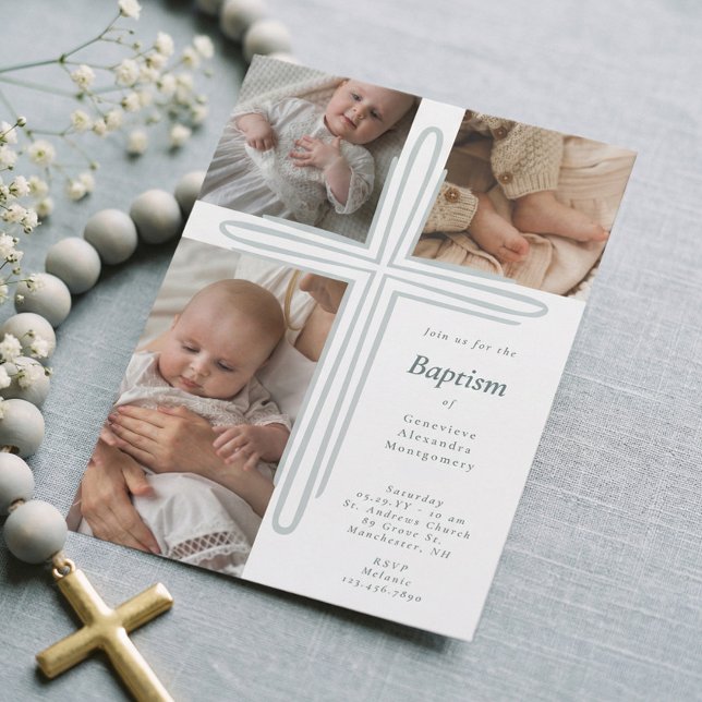 Invitación Elegante Bautizo de Niño Foto Religiosa Cruz (Elegant Baptism Christening Religious Photo Cross Invitation)
