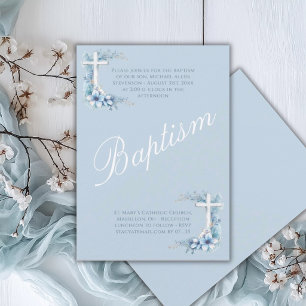 Invitación Elegante Bautizo de Niño Religioso Azul