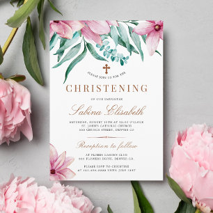 Invitación Elegante bautizo floral en acuarela rosa