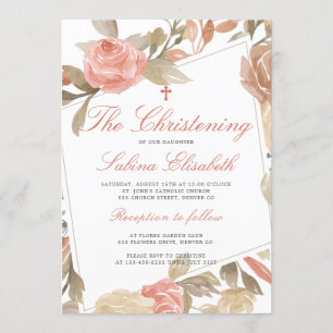 Invitación Elegante Bautizo Floral Rosa Acuarela