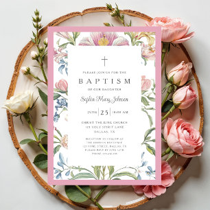 Invitación Elegante Bautizo Floral Rosa Vintage para Niña