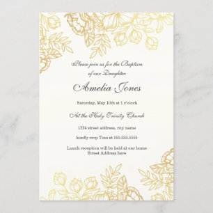 Invitación Elegante Bautizo Floral Vintage de Oro