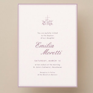 Invitación Elegante bautizo inicial de olivo cruzado rosa pol