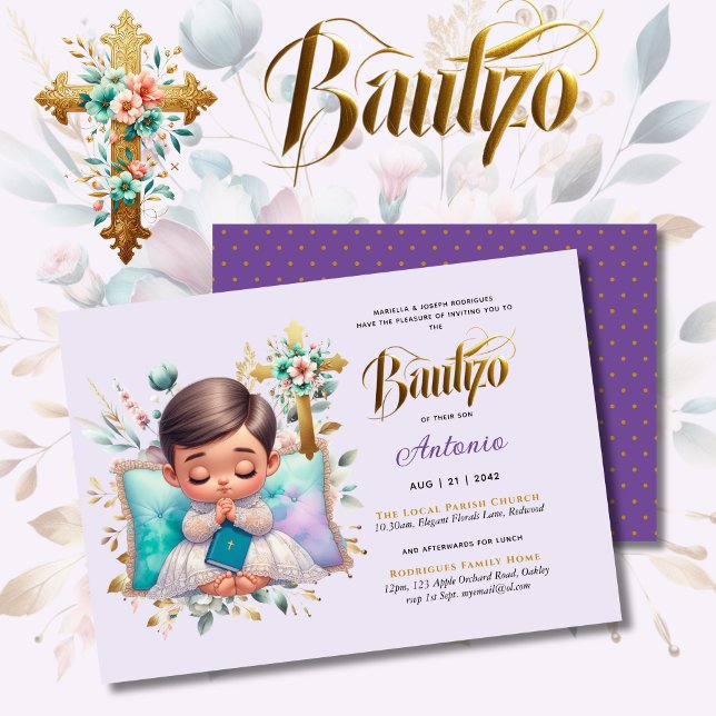 Invitación Elegante BAUTIZO Lilac Gold Floral Cross (Subido por el creador)