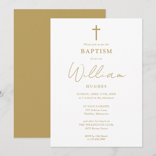 Invitación Elegante Bautizo Minimalista de Oro (Anverso / Reverso)