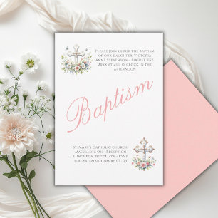 Invitación Elegante Bautizo Religioso de Bebé Niña de Rosa