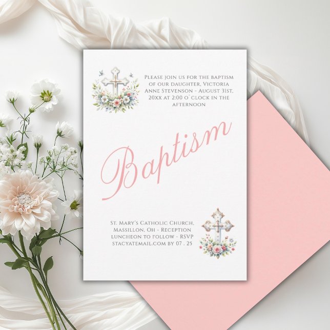 Invitación Elegante Bautizo Religioso de Bebé Niña de Rosa (Subido por el creador)