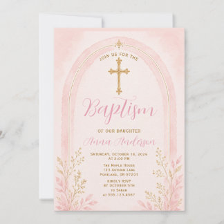 Invitación Elegante Bautizo Rosa Cruz Dorada Arco Floral Boho