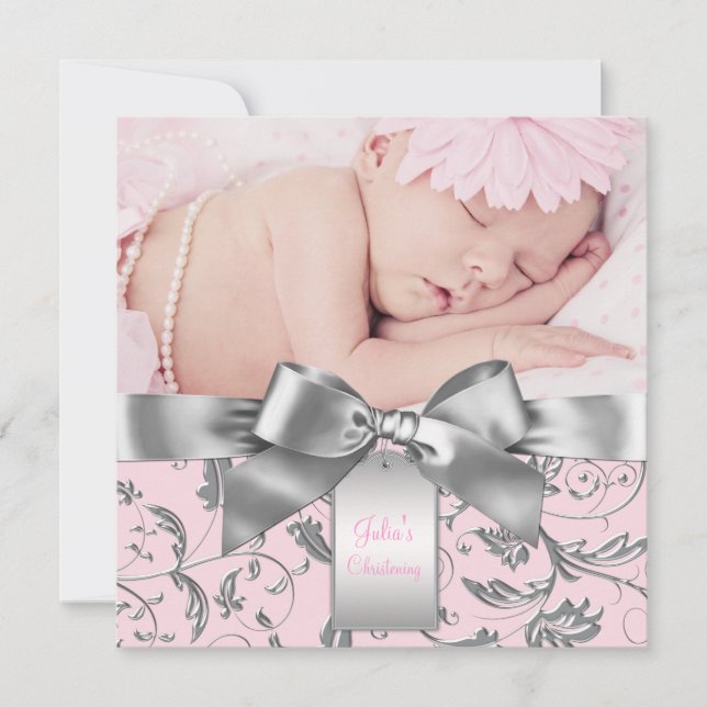 Invitación Elegante Bautizo Rosa y Gris (Anverso)