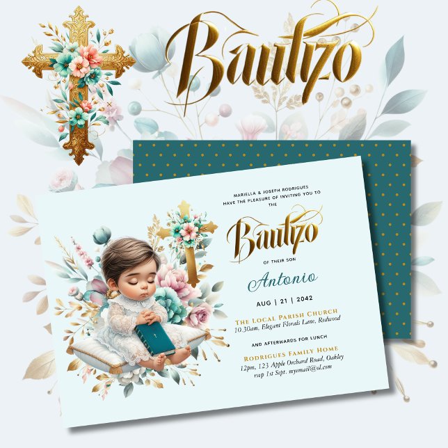 Invitación Elegante BAUTIZO Turquoise Gold Floral Cross (Subido por el creador)