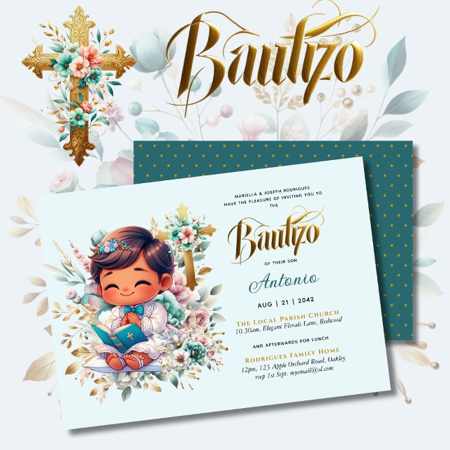 Invitación Elegante BAUTIZO Turquoise Gold Floral Cross (Subido por el creador)