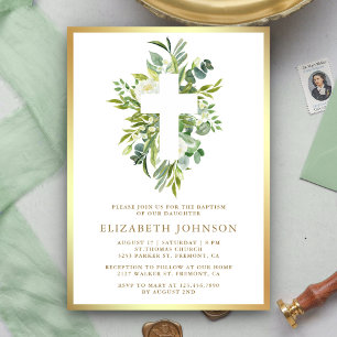 Invitación Elegante Bautizo Verde Acuarela Oro