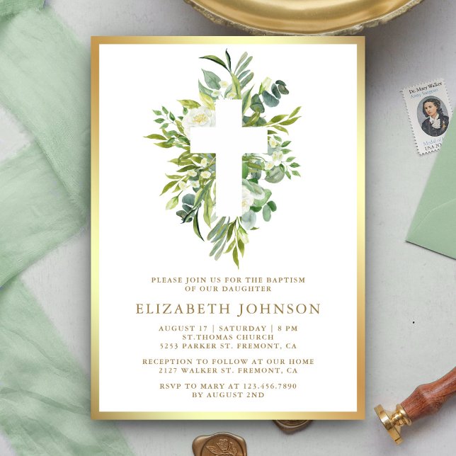 Invitación Elegante Bautizo Verde Acuarela Oro (Subido por el creador)