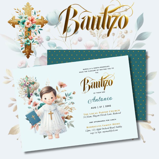 Invitación Elegante BAUTIZO Verde azulada Cruz Floral de Oro  (Subido por el creador)