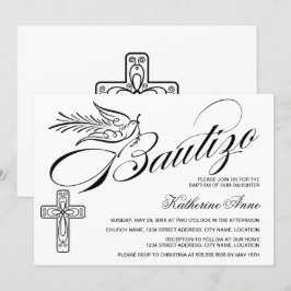 Invitación Elegante Bautizo Vintage Escritura Cruz y Paloma