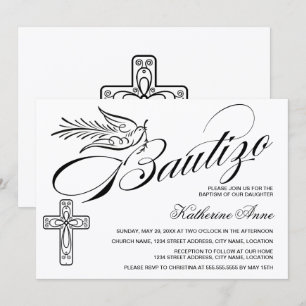 Invitación Elegante Bautizo Vintage Escritura Cruz y Paloma